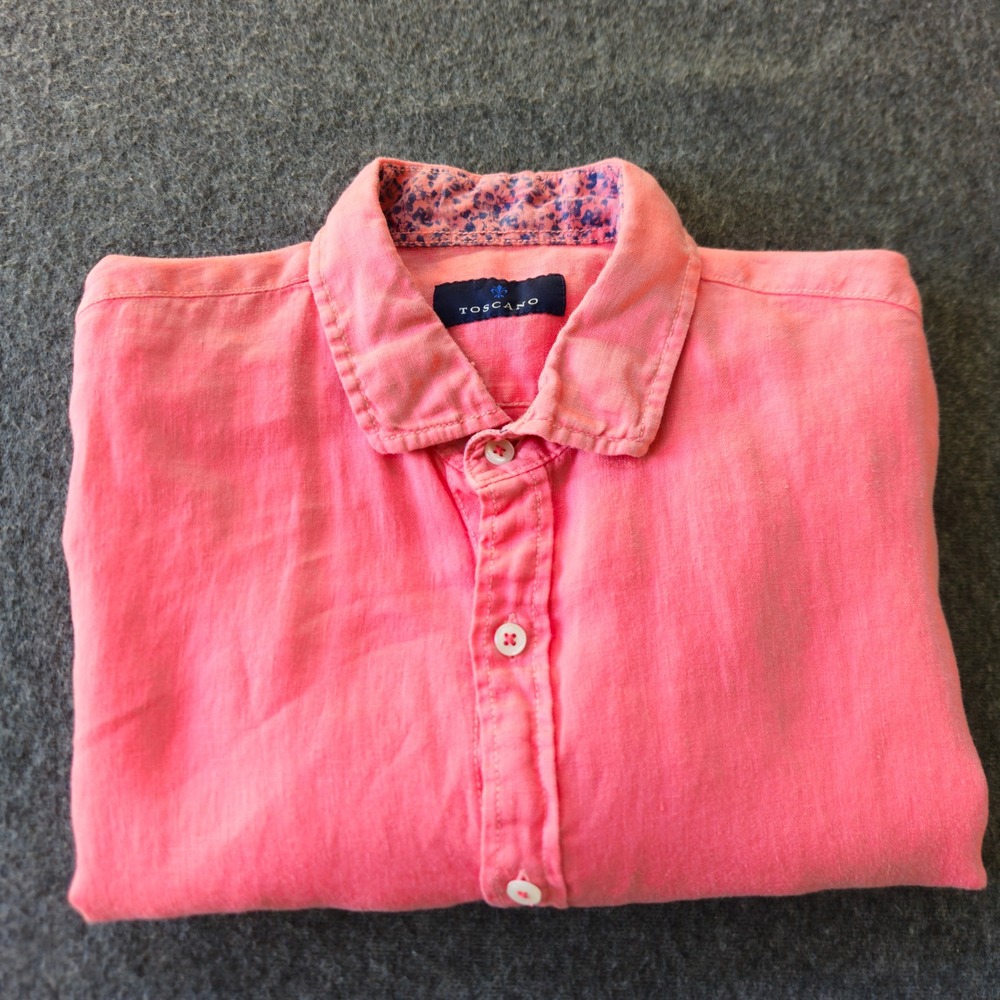 Toscano Medium 100% Linen Shirt Coral Beach Coastal Vacation Travel Preppy EUC - Picture 10 of 11
